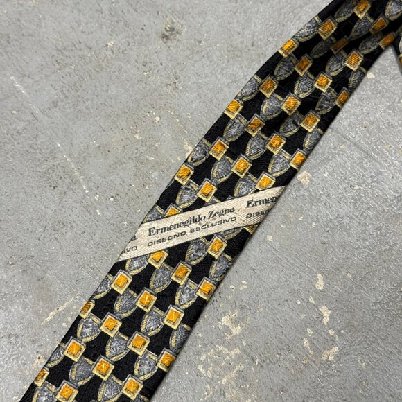 Ermenegildo Zegna Tie 100% Silk Made in Italy Geometrick Black/Gold 3.5" - Picture 6 of 8